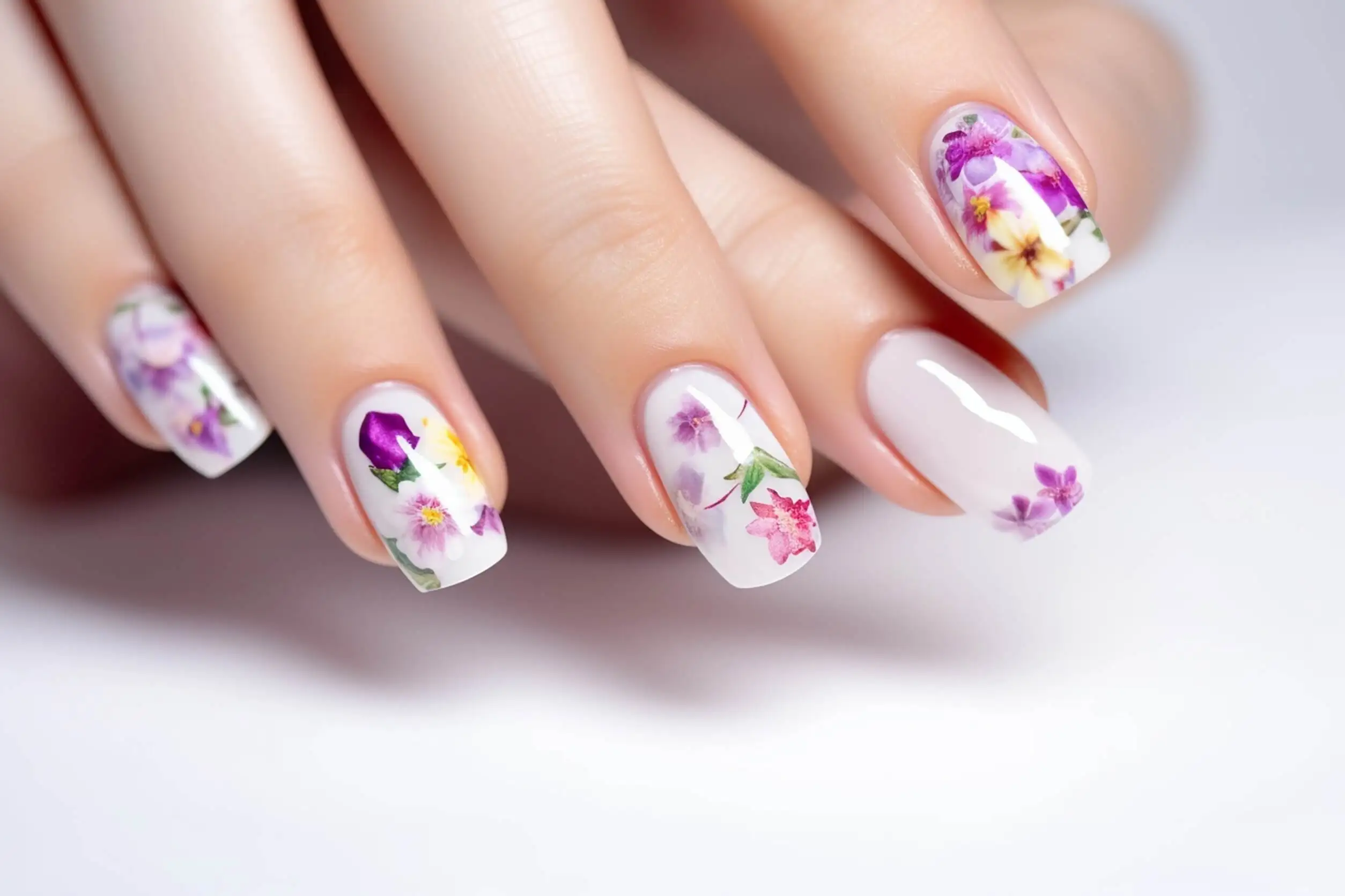 Manicura floral para uñas cortas