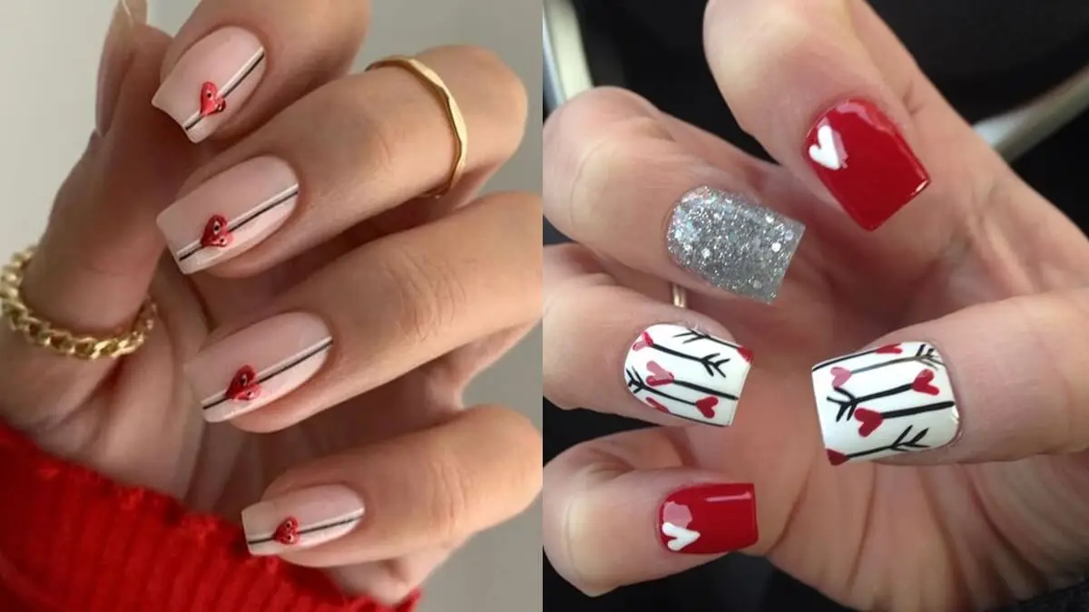 Flechas de Cupido nas unhas para o Dia dos Namorados.