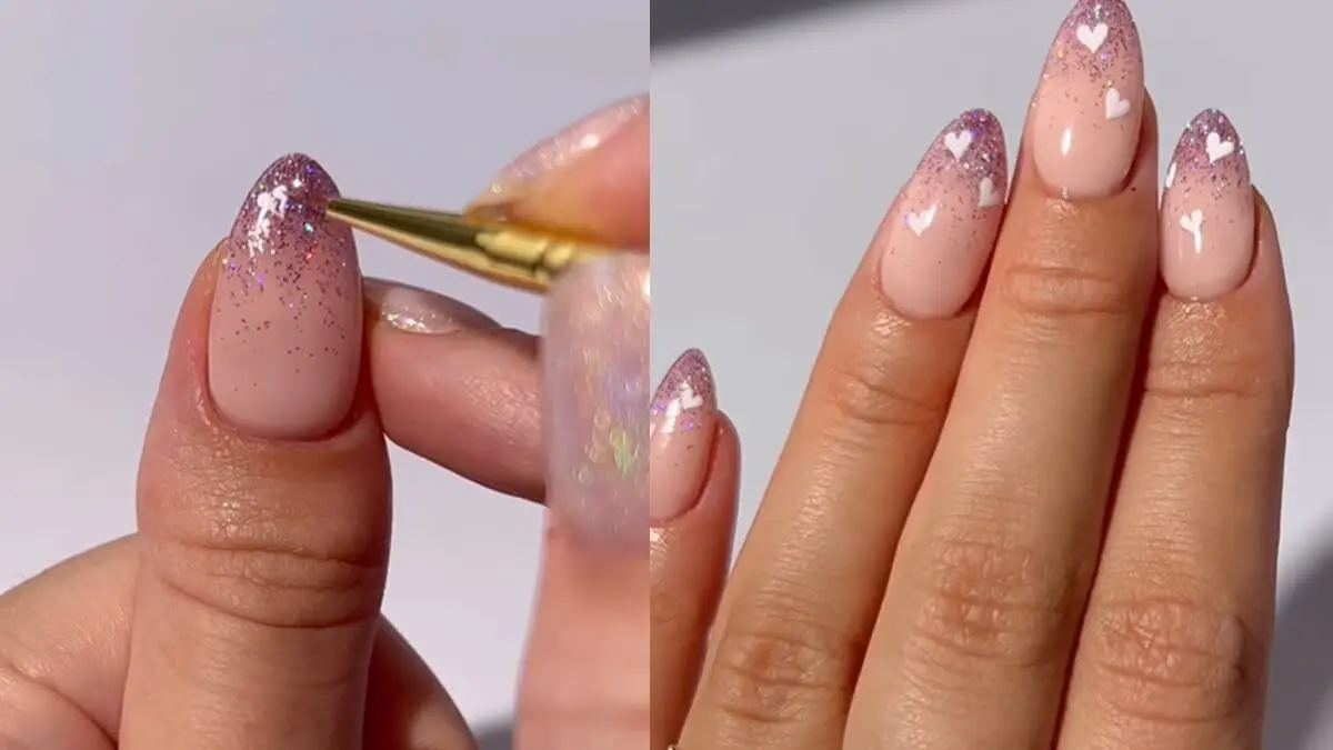 Unhas com glitter e degradê.