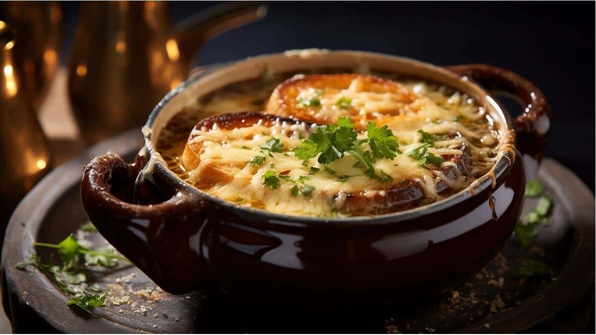 Sopa de cebolla con pan duro.