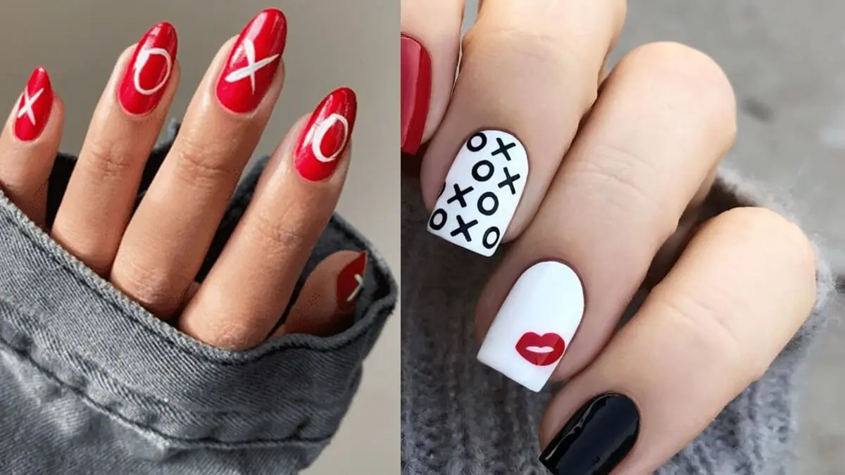 Unhas com design XOXO.