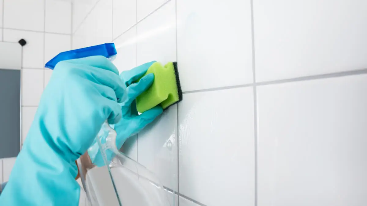 Limpieza de azulejos del baño con esponja.