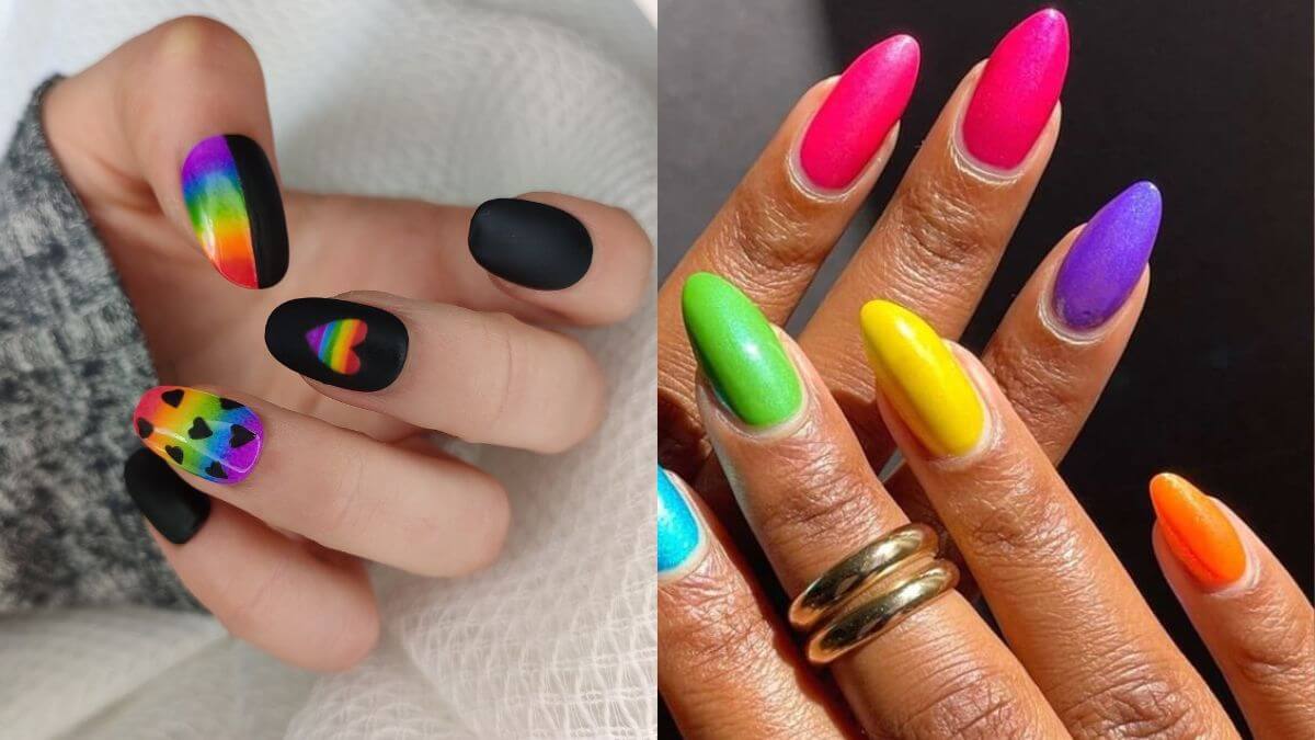 Unhas com cores LGBT.