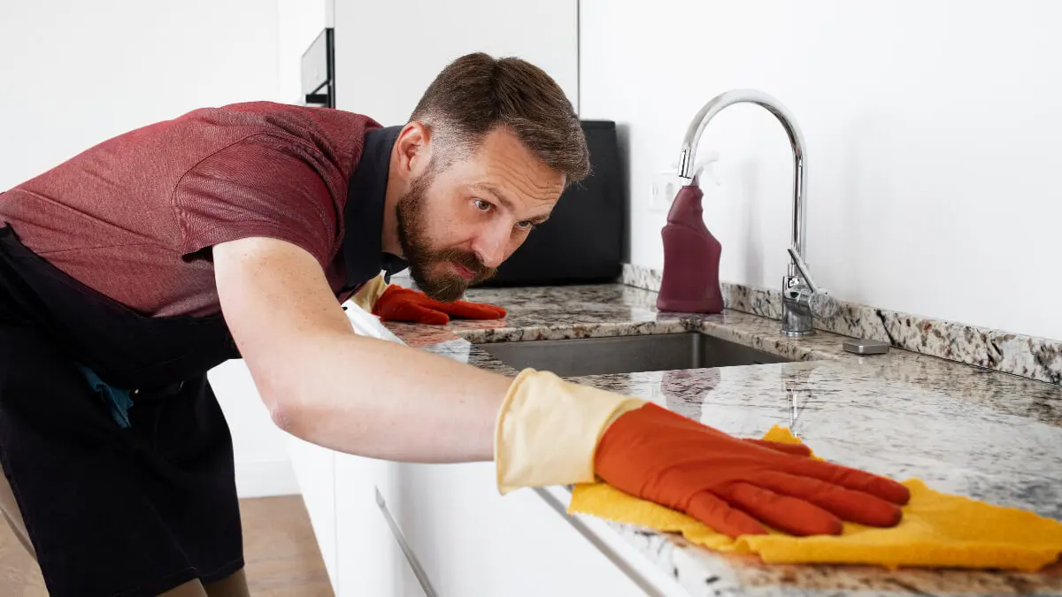 Hombre limpia encimera de la cocina