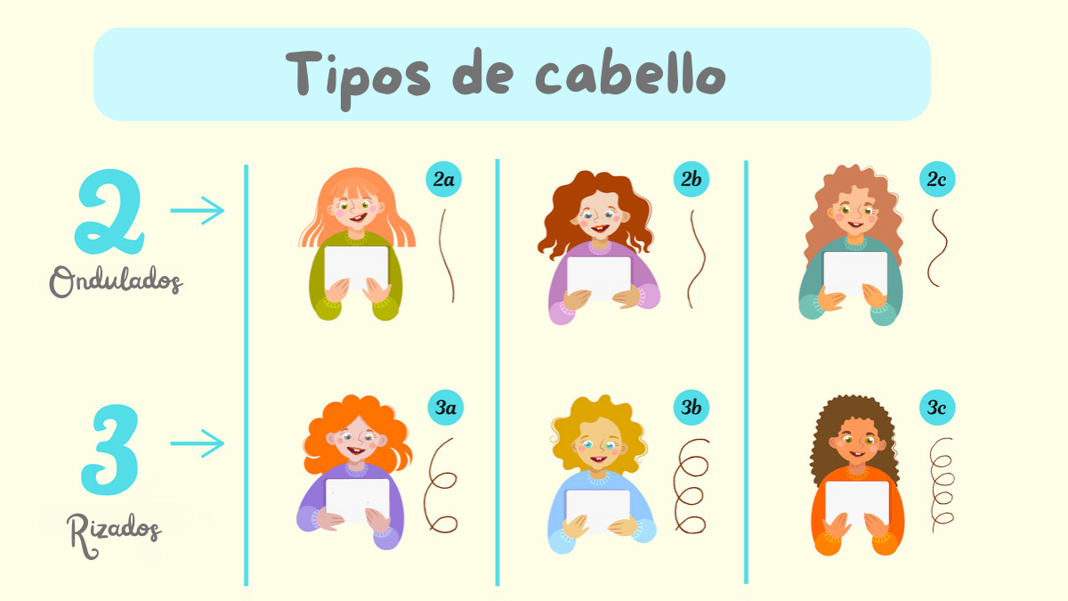 infografía con ilustraciones de los tipos de cabello rizados y ondulados