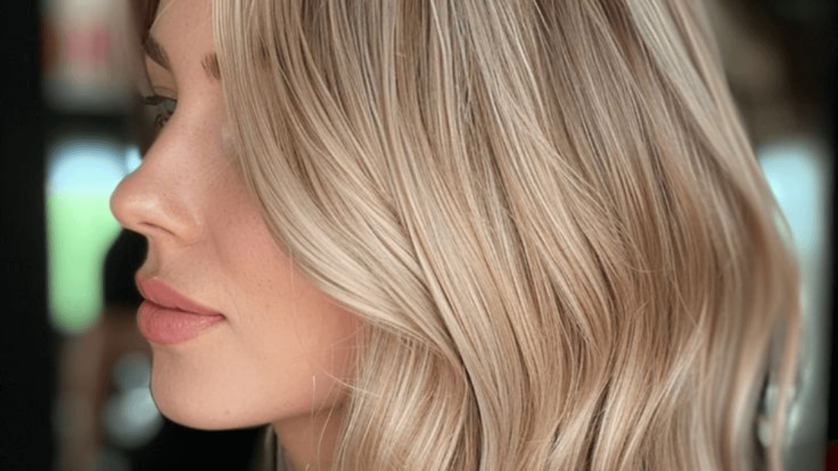 Perfil de mujer con cabello rubio beis.