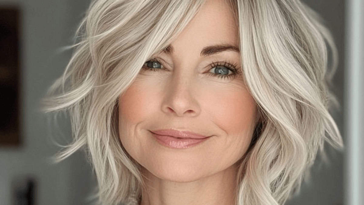 Mulher com cabelo loiro pérola.