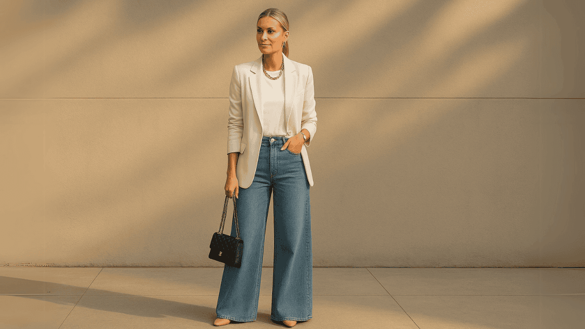 Mujer con vaqueros anchos, camiseta blanca y blazer claro.