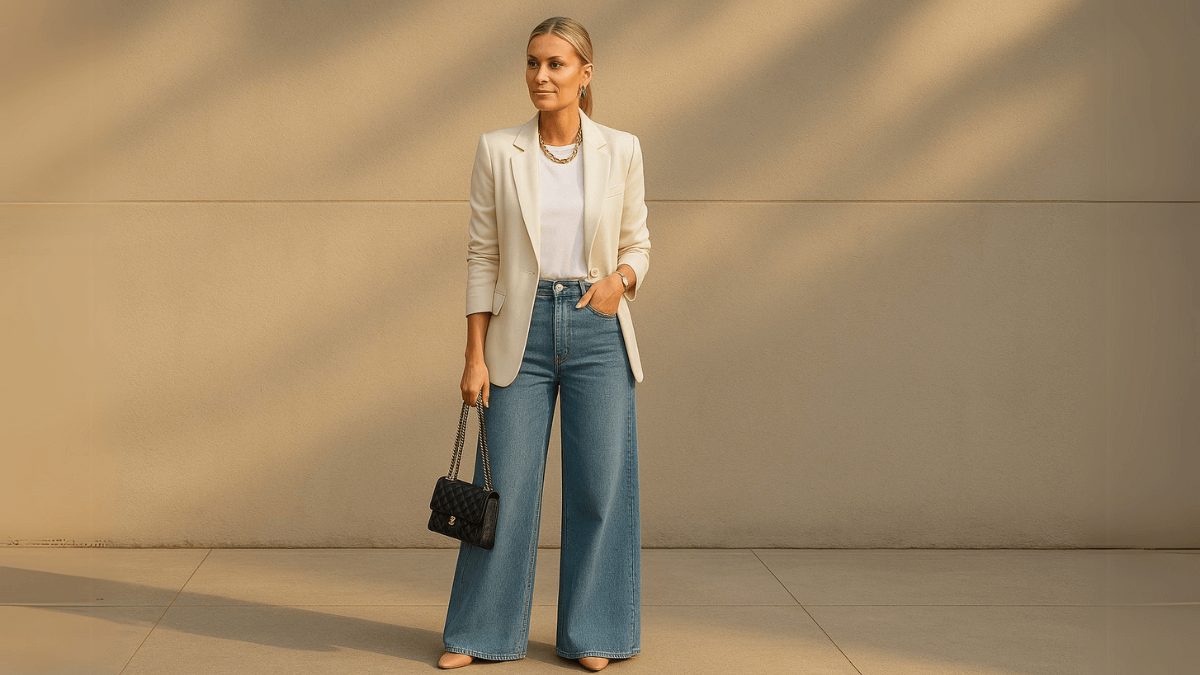 Mujer con vaqueros anchos, camiseta blanca y blazer claro.
