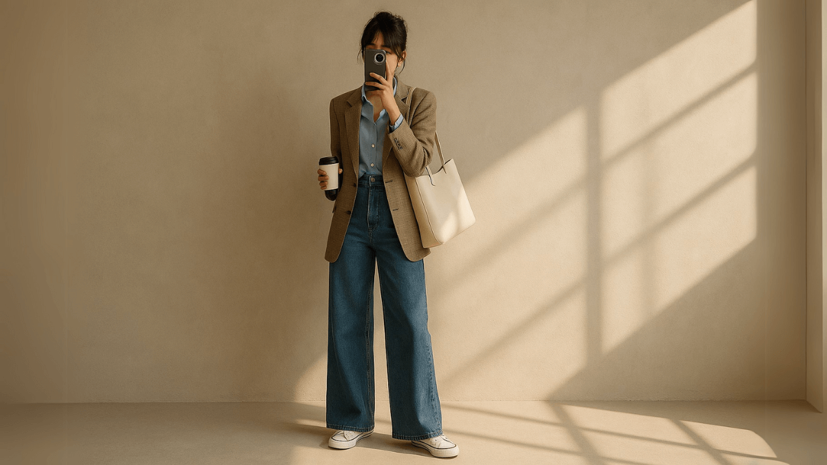 Mujer con blazer color café, camisa celeste y jeans wide leg.