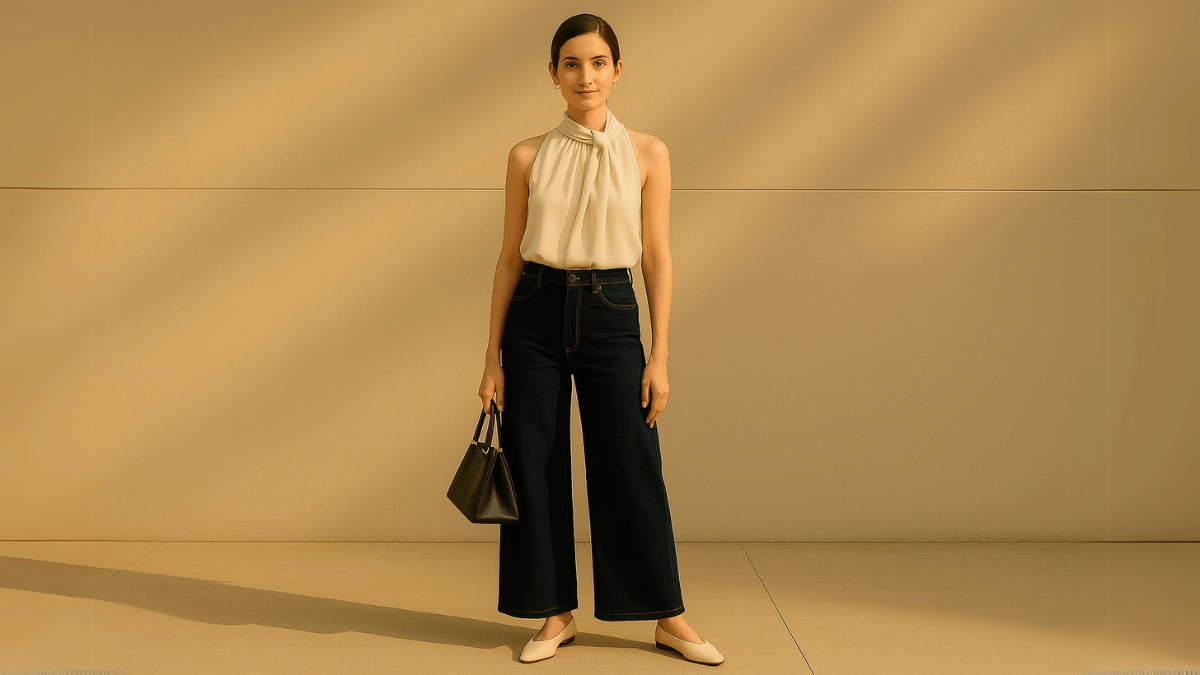Mujer con blusa con amarre, jeans oscuros y zapatillas beige.