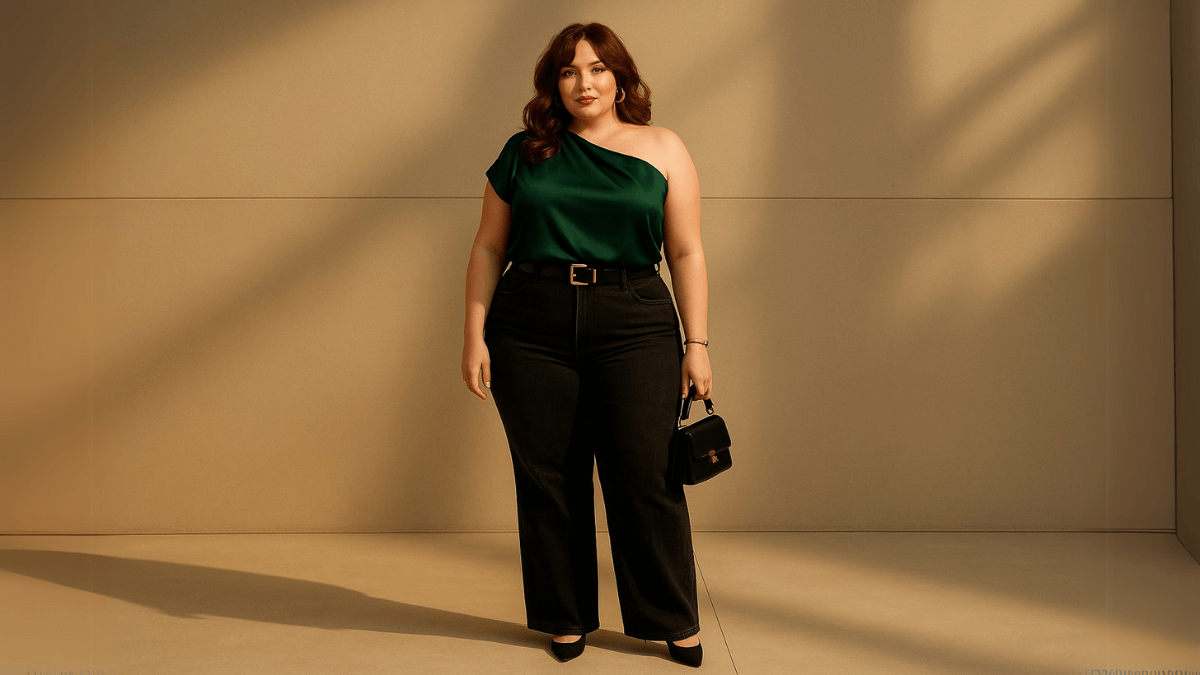 Mujer con blusa asimétria verde botella, así como vaqueros anchos y accesorios en negro.