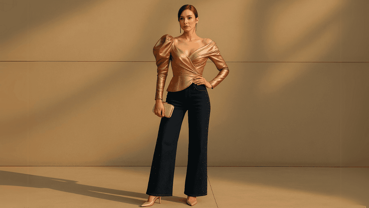 Mujer con top estructurado en tono metálico, vaqueros anchos y accesorios en color nude.