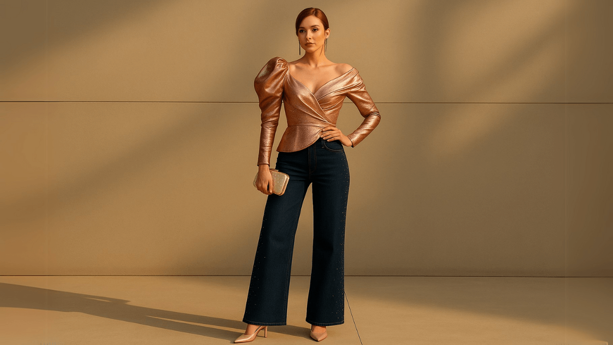 Mujer con top estructurado en tono metálico, vaqueros anchos y accesorios en color nude.