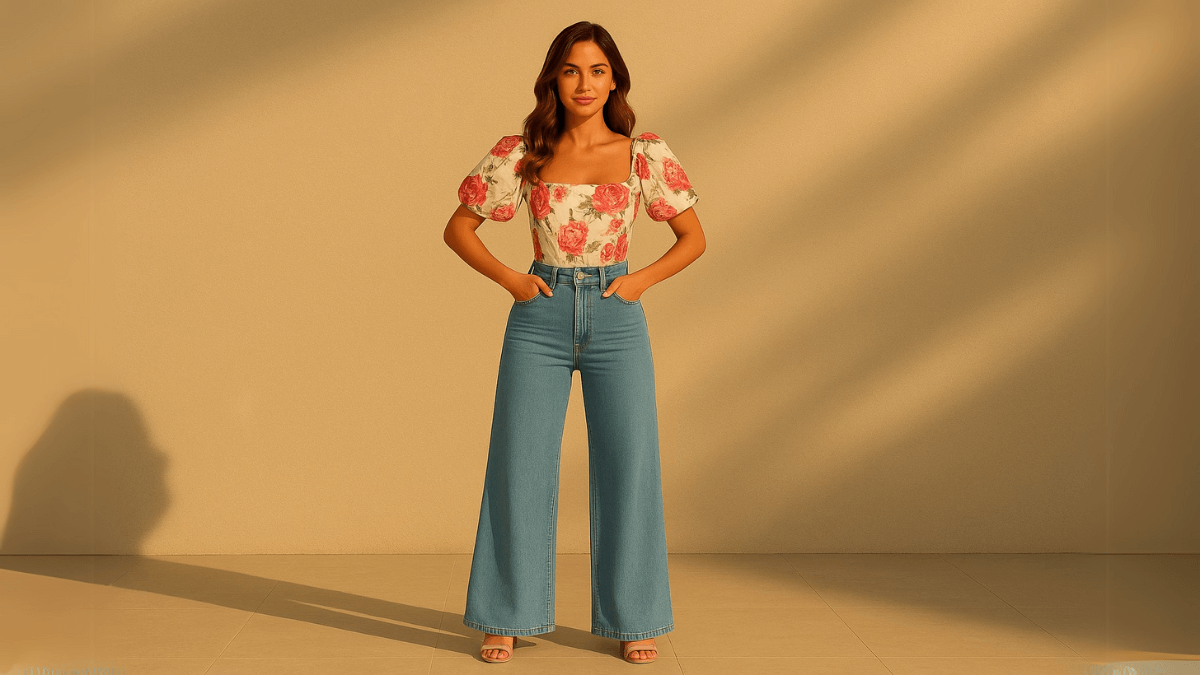 Mujer con blusa de flores y jeans azul claro, con sandalias de tacón bajo.