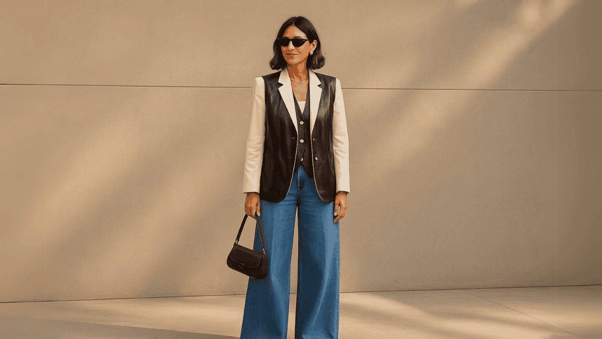 Mujer con pantalón de botas anchas, con chaleco y chaqueta con hombreras.