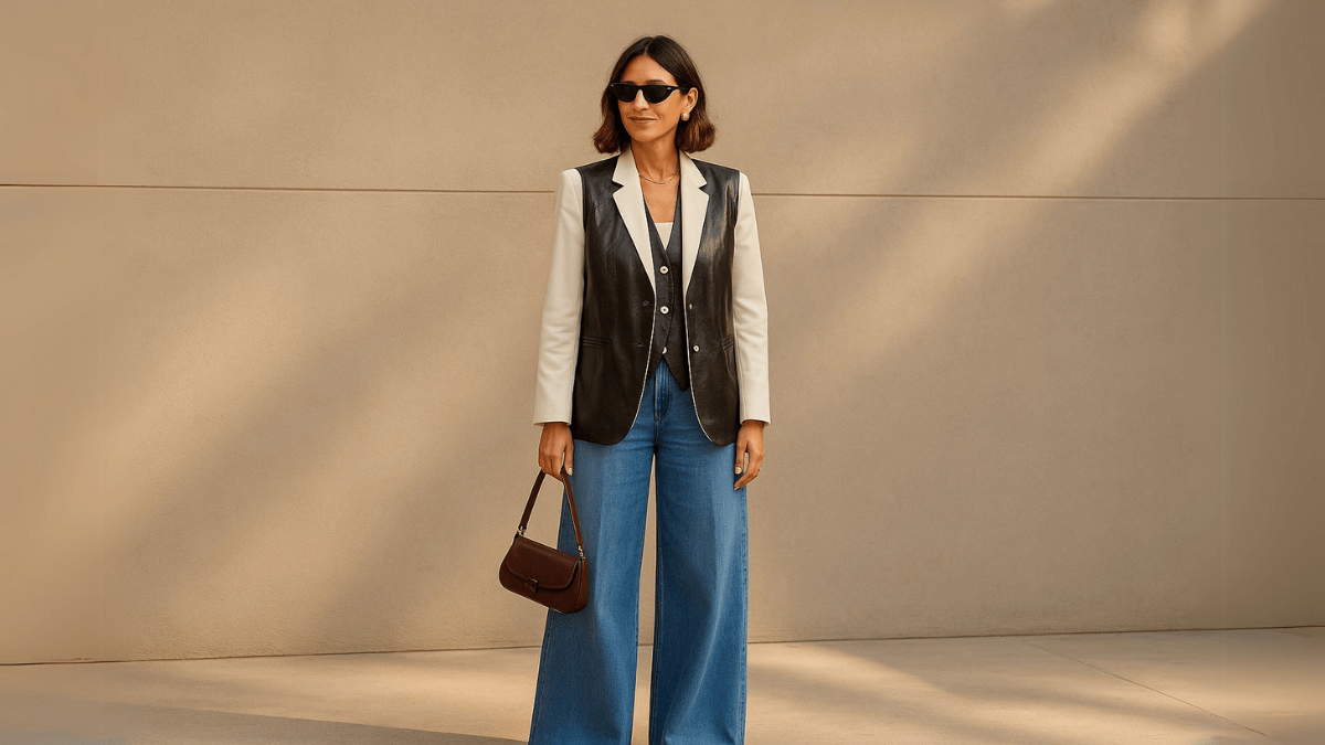 Mujer con pantalón de botas anchas, con chaleco y chaqueta con hombreras.