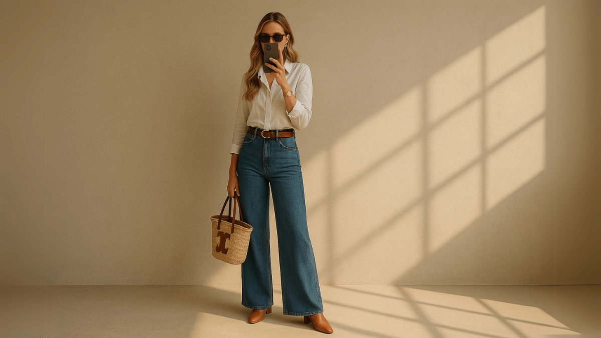 Mujer con camisa blanca y jeans anchos, con cartera en la mano derecha.