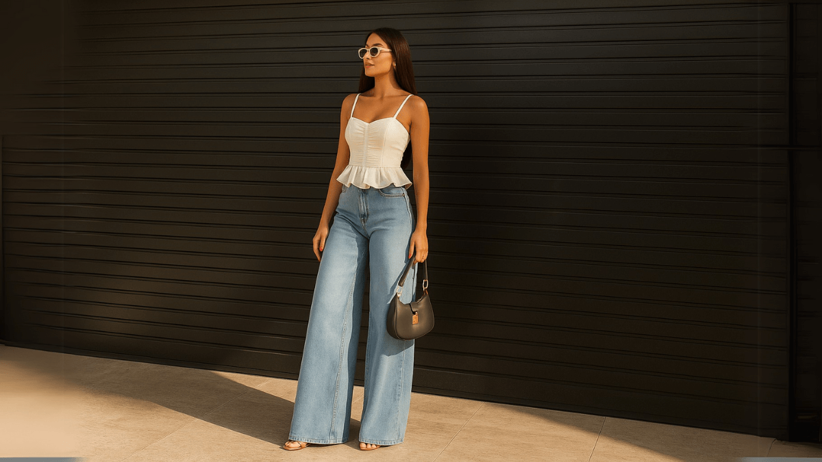 Mujer con jeans wide leg y top blanco de tiras.
