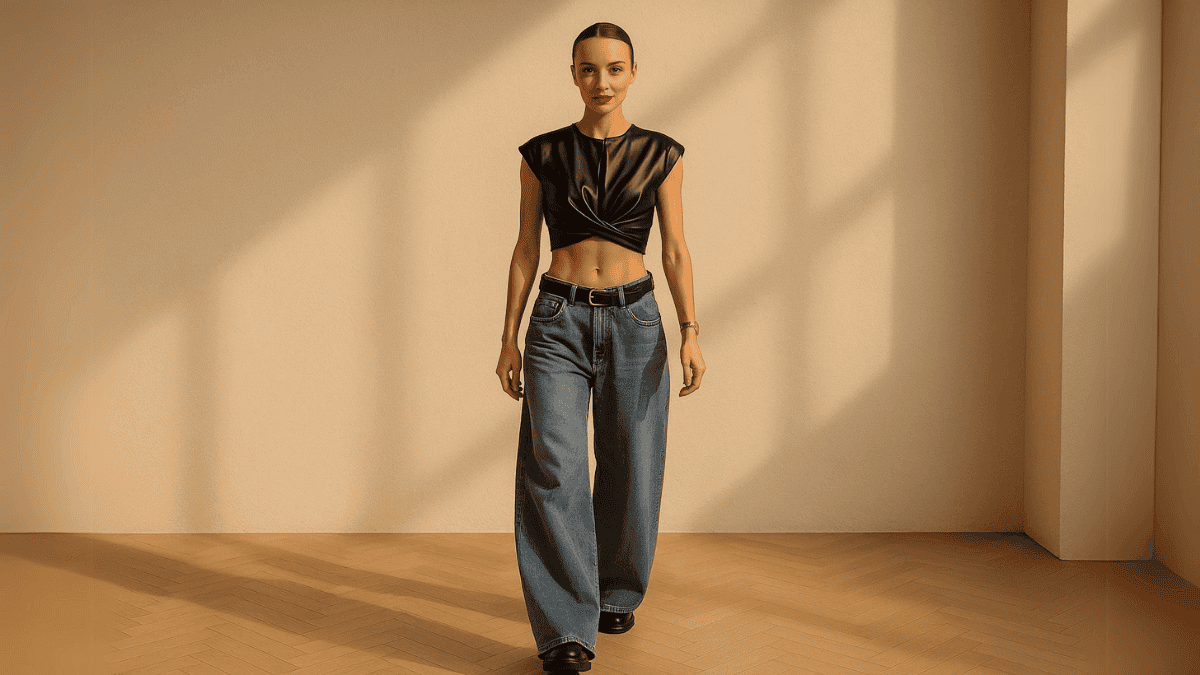 Mujer con un crop top negro, un cinturón y wide legs jeans.