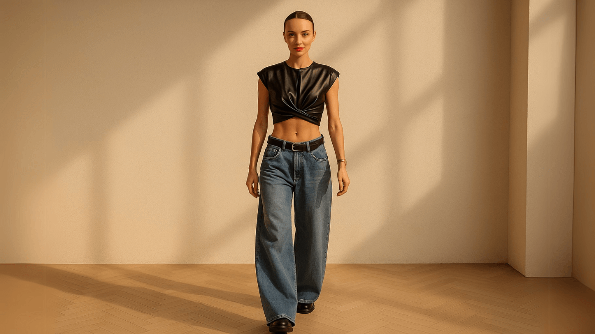 Mujer con un crop top negro, un cinturón y wide legs jeans.