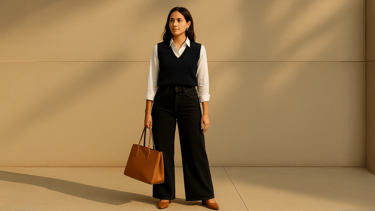 Mujer con camisa blanca, chaleco azul, vaqueros anchos, así como cartera y zapatos de color caramelo.