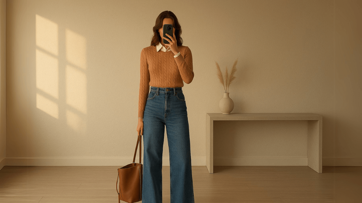 Mujer con suéter camel sobre camisa blanca, vaqueros anchos y cartera de color caramelo.