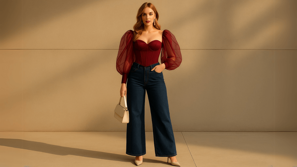 Mujer con corsé en color burdeos, vaqueros anchos oscuros y accesorios en color beige.