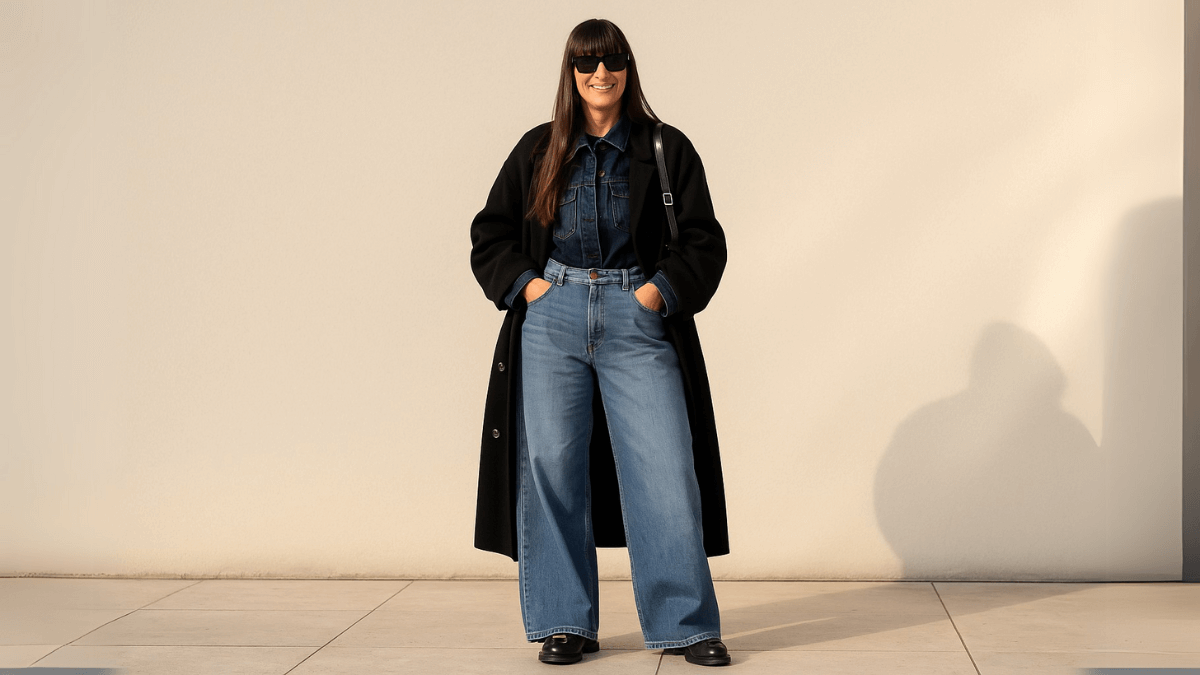 Mujer con vaqueros anchos, camisa denim más oscura, chaleco recto, lentes y cartera.
