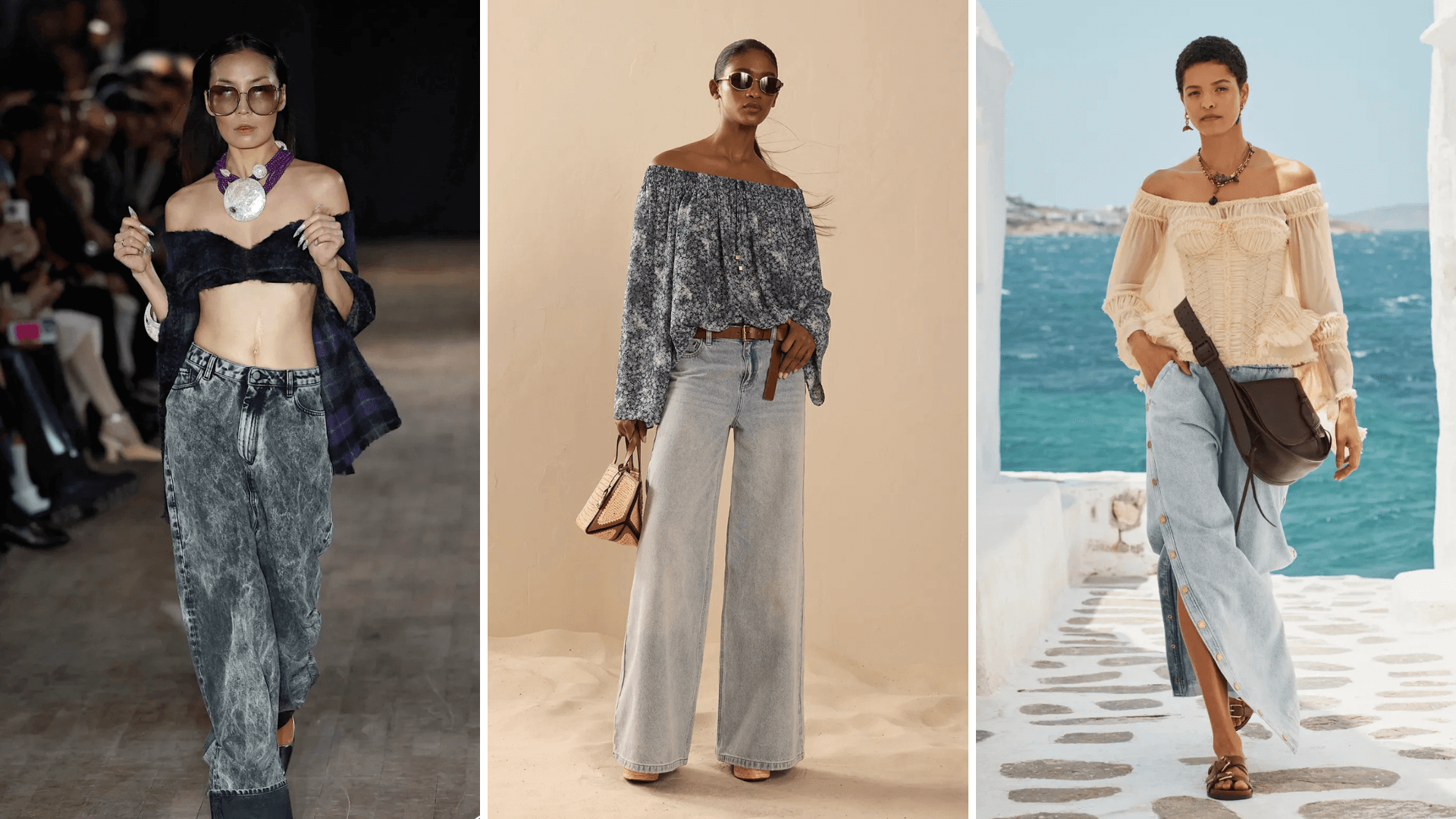 Opciones de escote Bardot con jeans y faldas denim.