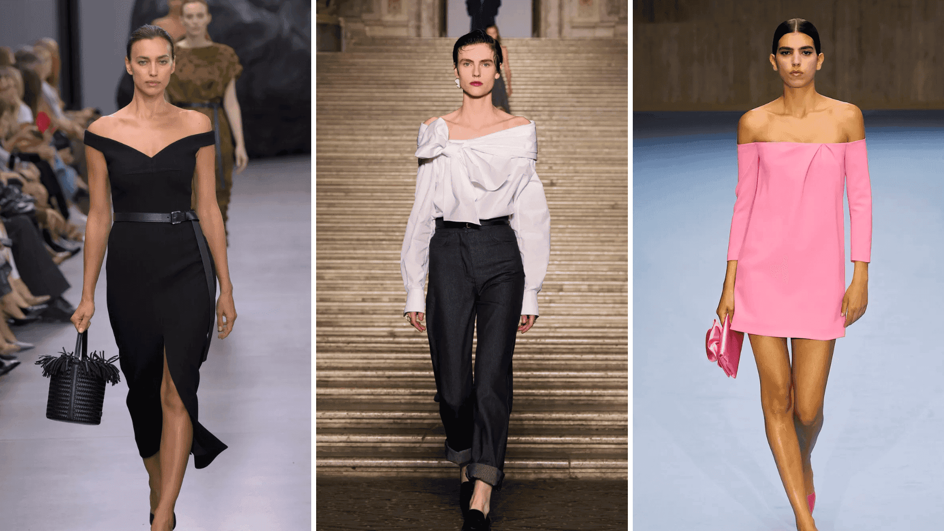 Looks minimalistas con escote Bardot.