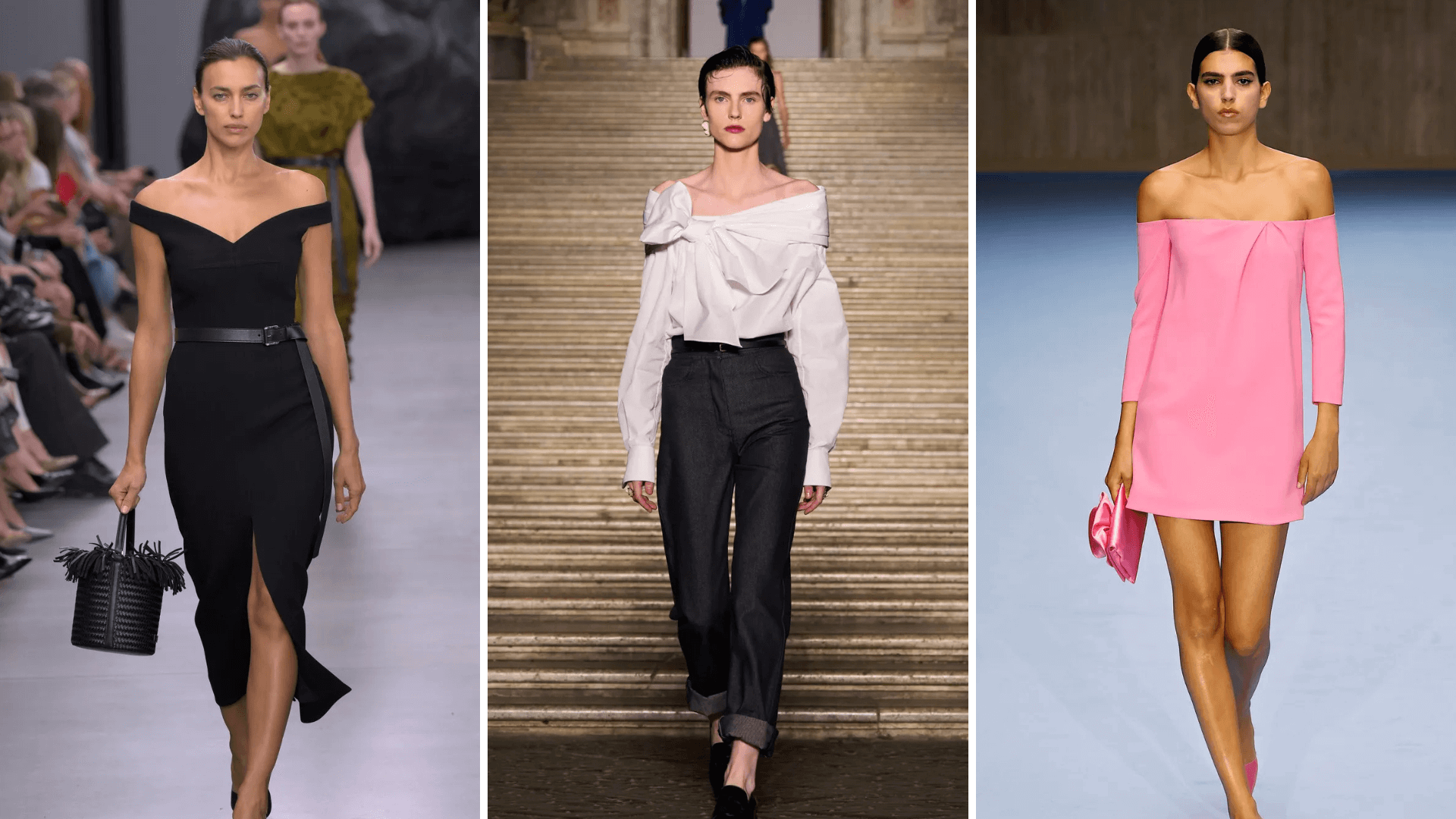 Looks minimalistas con escote Bardot.