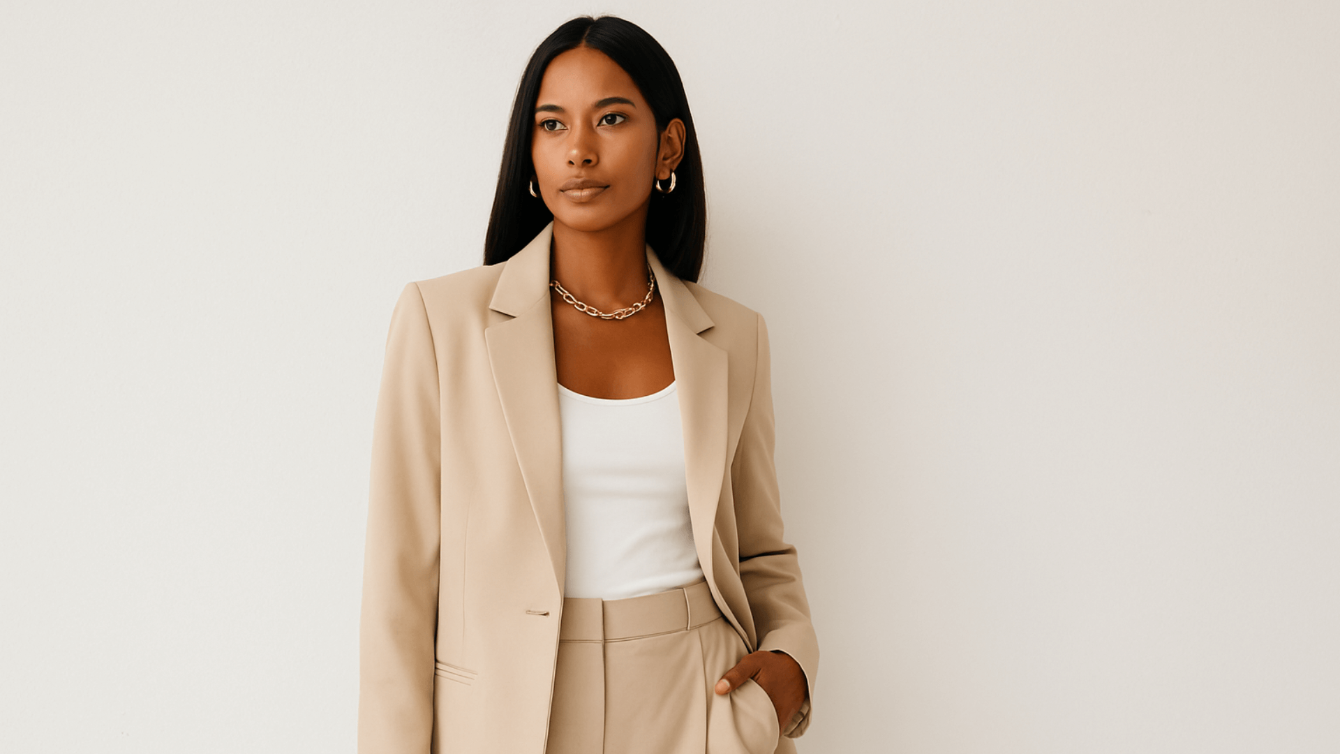 Mujer de piel morena con un blazer y pantalón de color beis.