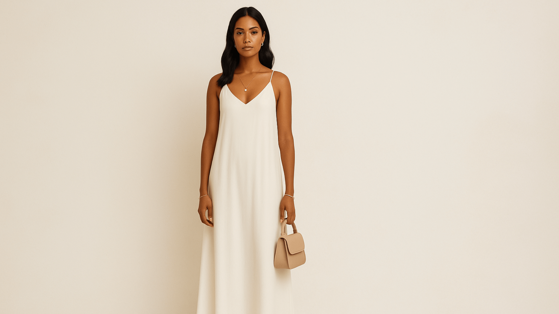 Mujer morena con vestido blanco crudo de tiras.