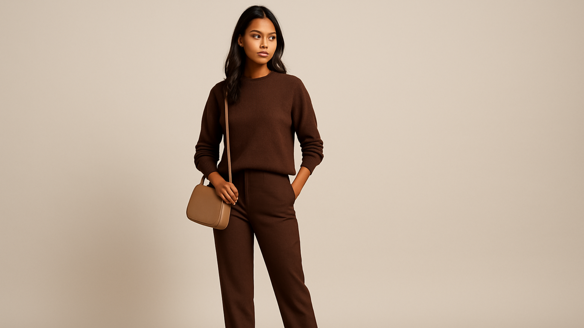 Mujer morena con conjunto café.