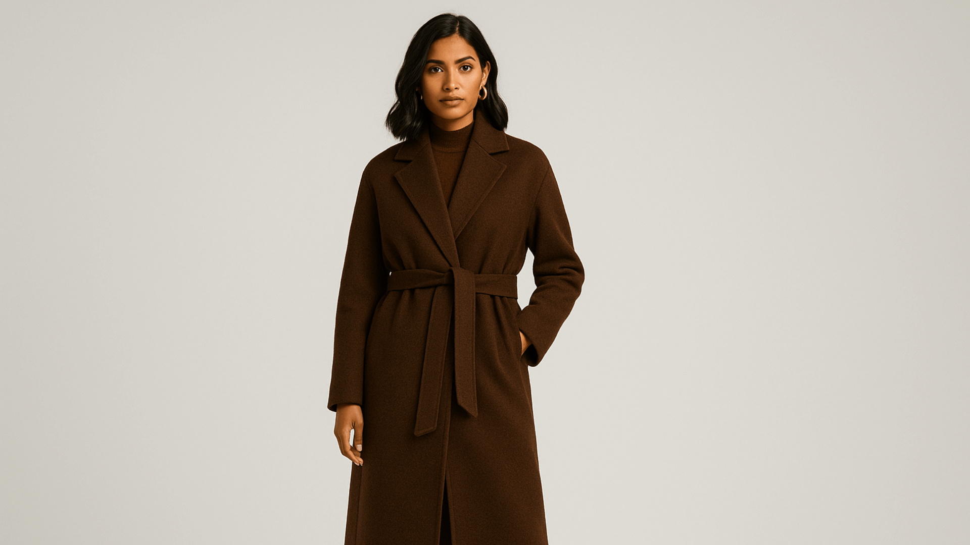 Mujer de piel morena con abrigo de color chocolate.