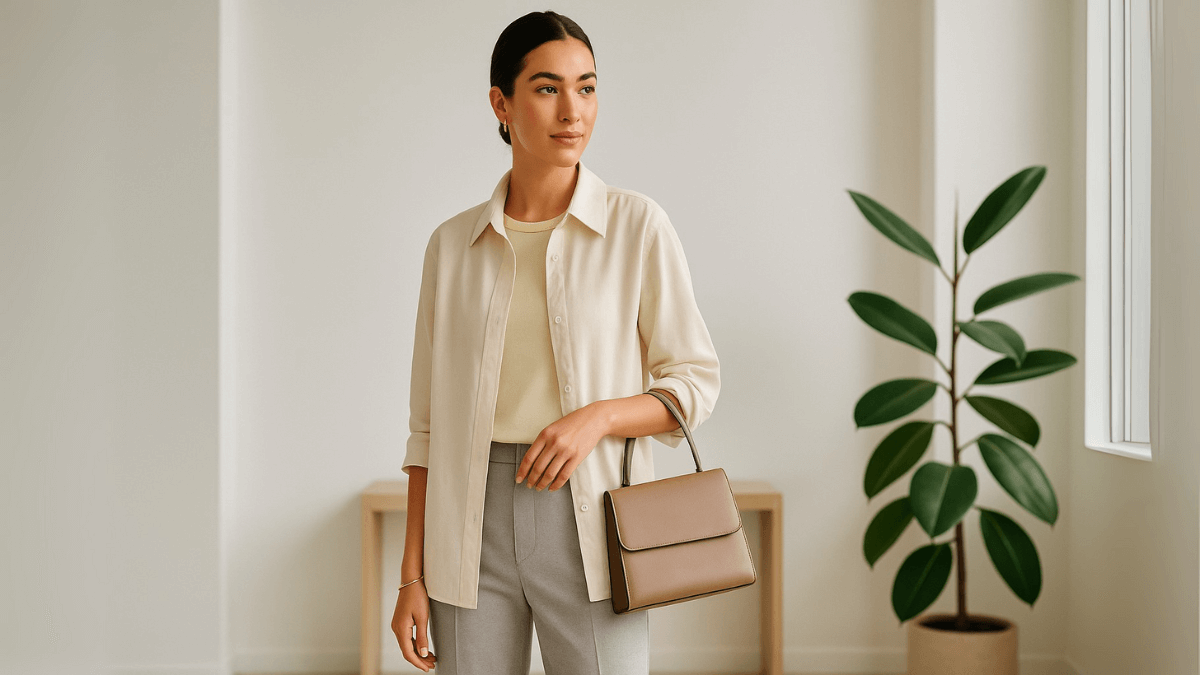 Mujer vestida con colores neutros.