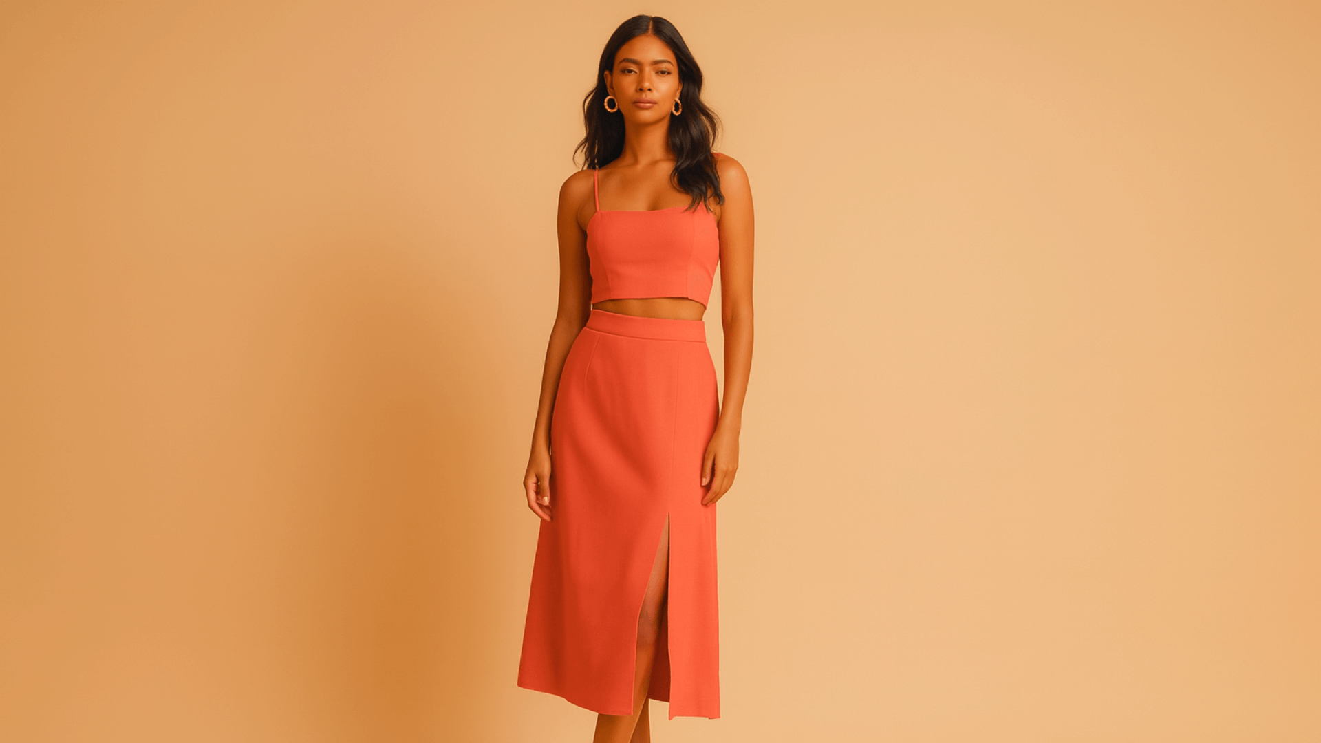 Mujer morena con un top y falda coral.