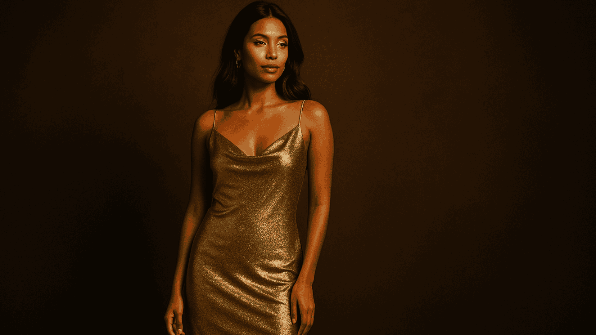 Mujer morena con vestido dorado de tiras.