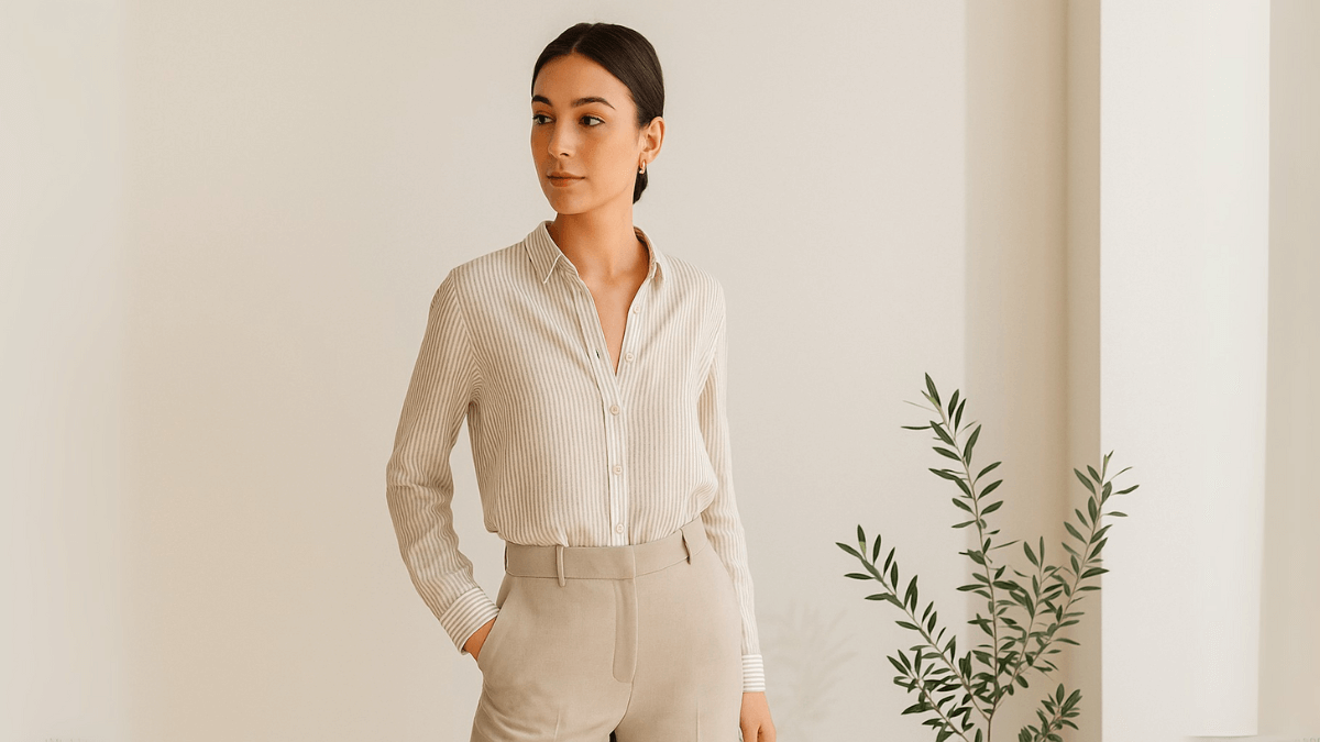 Mujer con camisa de rayas y pantalón beis.