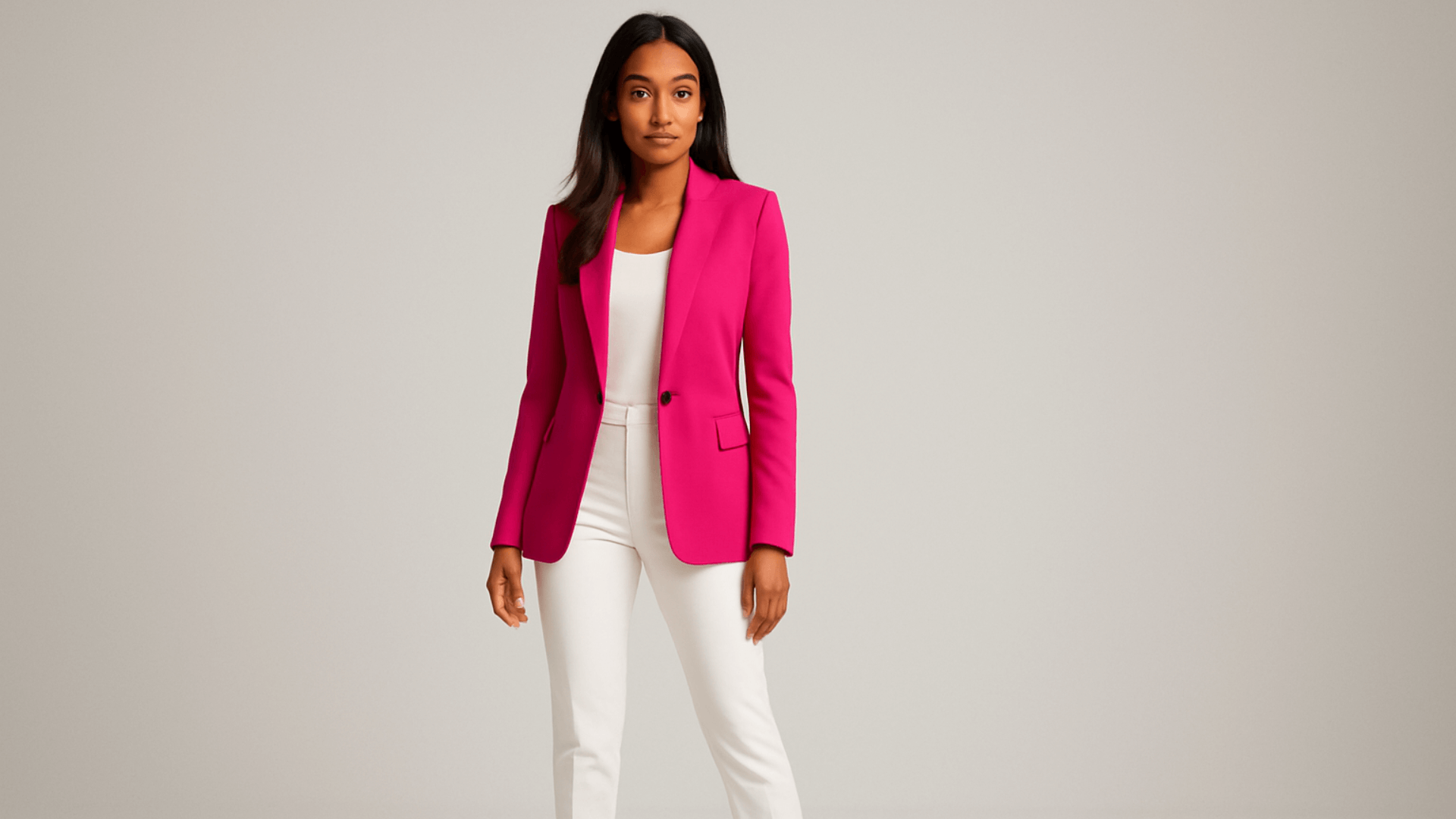 Mujer morena con blazer fucsia, y franela y pantalón blanco.
