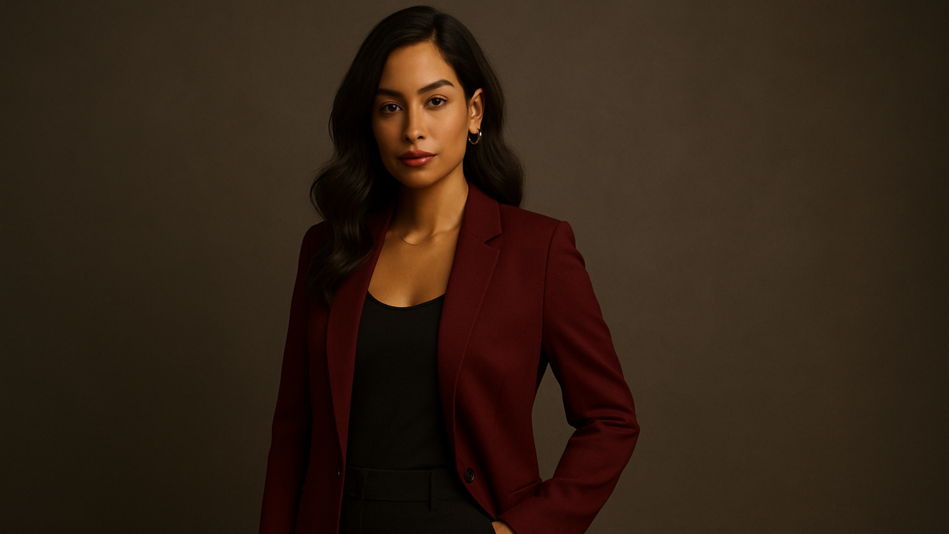 Mujer de piel morena con blazer granate.