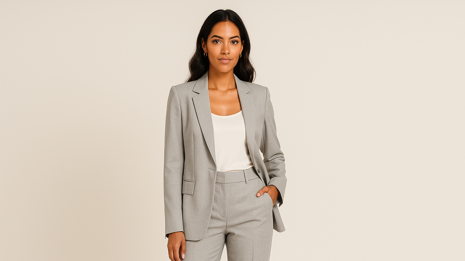 Mujer morena con blazer y pantalón gris.