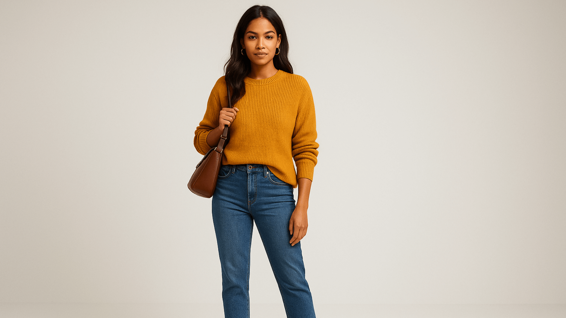 Mujer morena con sweater mostaza y jean.