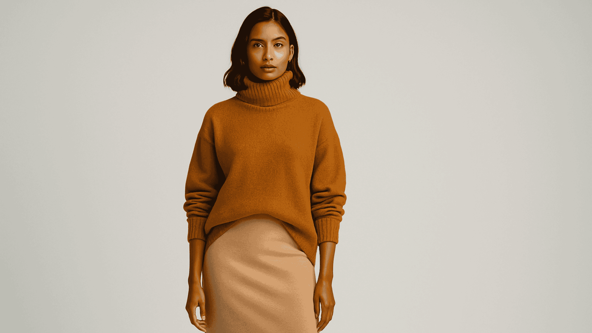 Mujer morena con sweater ocre.