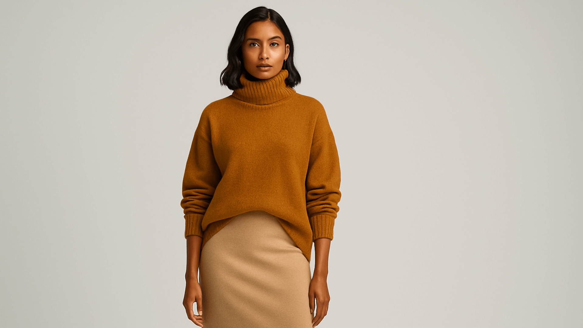 Mujer morena con sweater ocre.