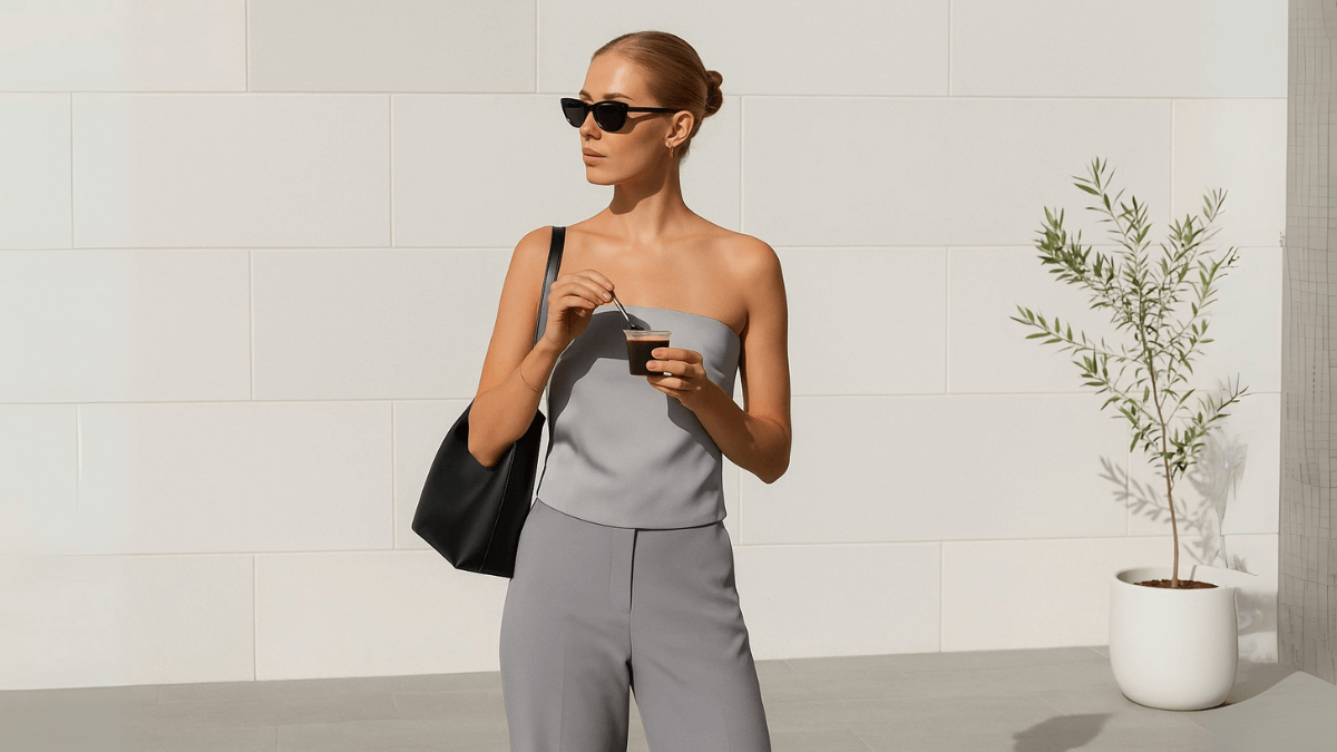 Mujer con top y pantalón gris.