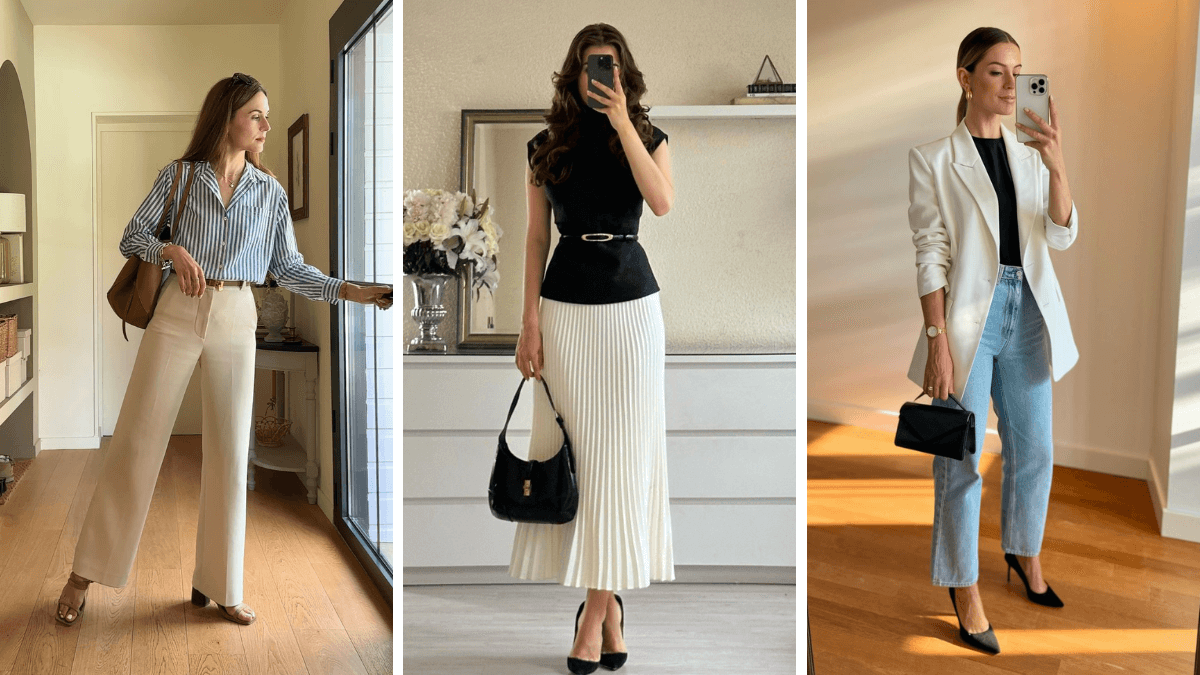 Imágenes de mujeres con prendas rectas y estilizadas.