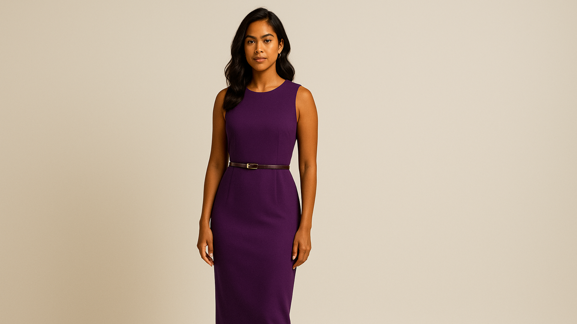 Mujer morena con vestido púrpura y cinturón negro.