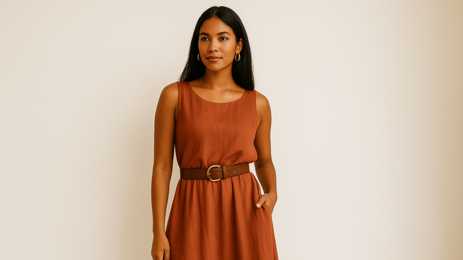 Mujer morena con vestido terracota.